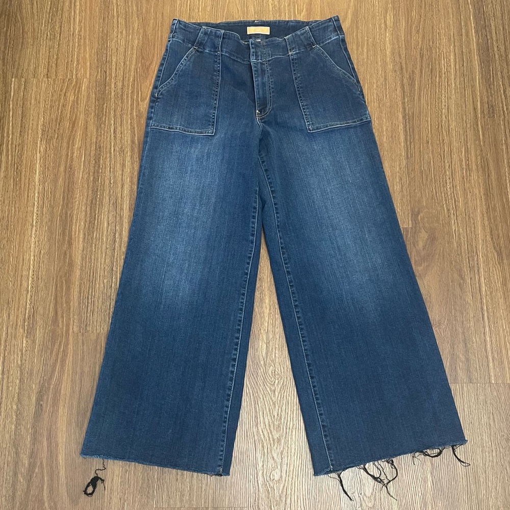 Kut from the Kloth Meg Utility w Raw Hem Dark Denim Wide Leg Jeans (Mid Rise)